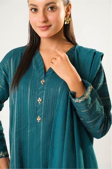 Women winter clothes | Turquoise Blue & Silver  | Casual 3 Piece Suit | Cotton Karandi Dobby  | LAD-03212